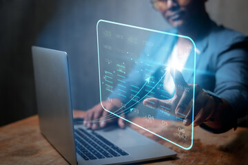 2023 business idea, male businessman showing crypto-driven trends. Technology applications to develop the online business market in the future.