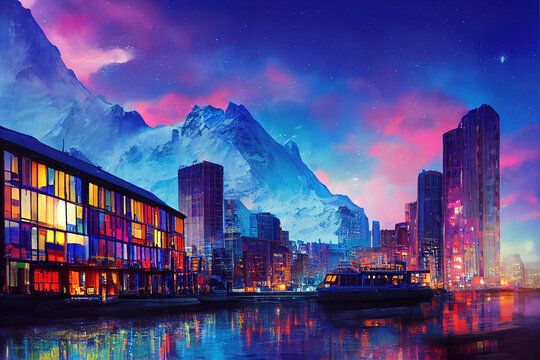 Snow Capped Mountain with Cozy Town, Art Illustration