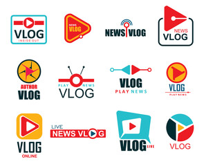 Vlog icons. TV broadcast, live stream. Online video blog, television news, vlogger channel color signs, live video broadcast and social network media vector symbols with play button and antenna