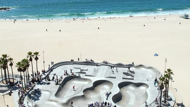 Aerial View of Venice Beach Skate Park, Los Angeles USA, Official Venue for 2028 Olympics Skating Competition, Drone Shot