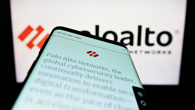 Stuttgart, Germany - 09-24-2022: Smartphone with website of US cybersecurity company Palo Alto Networks Inc. on screen in front of logo. Focus on top-left of phone display.
