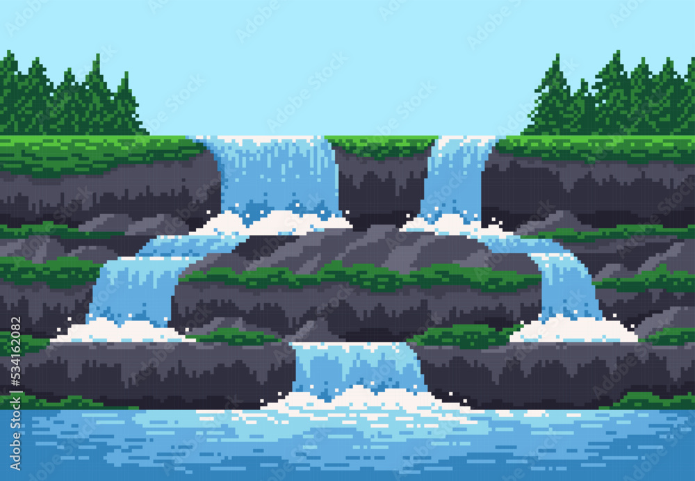 Poster 8 bit pixel game waterfall cascade landscape, vector background for video arcade game level. 8bit ri