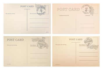 Vintage postcard, post card templates with postal stamps, vector backgrounds. Old retro postcard backsides from London, Lisbon, Michigan and Florida, blank mail postage and travel post cards - obrazy, fototapety, plakaty