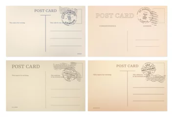 Fotobehang Vintage postcard, post card templates with postal stamps, vector backgrounds. Old retro postcard backsides from London, Lisbon, Michigan and Florida, blank mail postage and travel post cards © Vector Tradition