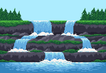 8 bit pixel game waterfall cascade landscape, vector background for video arcade game level. 8bit river water fall from mountain or sea cave cascade, ocean island with forest trees for pixel landscape