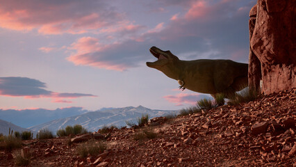 Hungry Tyrannosaurus Walks through the Canyon in the Desert. Dinosaur. T-rex on the Hunt. Prehistoric Animals Concept. 3D Rendering © BY Movie