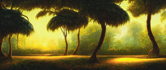 Conception artistique d& 39 une belle peinture de paysage de la nature de la forêt, illustration d& 39 arrière-plan, dessin tendre et rêveur.
