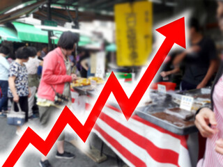 Big red arrow growing on abstract blurred image of supermarket background. Bar charts and charts....