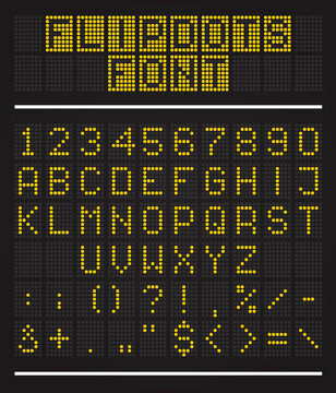 Flipdots scoreboard font, LED dots alphabet or airport digital display letters, vector panel. Scoreboard font with flip dot numbers, or electronic timetable type with LED diode lamp digits