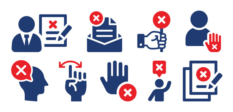 Refuse or reject icon set. Containing decline document, cross sign, disagree man, stop hand and disapprove contract icons. Vector illustration.