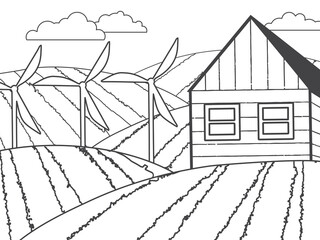 Rural landscape. Hills, fields, a cottage, and windmills. Monochrome children illustration. Vector illustration. Childrens coloring book.