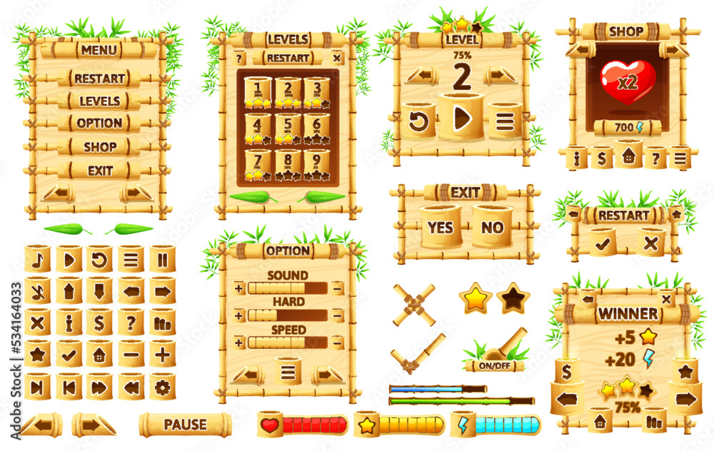 Poster bamboo jungle game interface, ui game buttons, gui elements of game asset. menu buttons and progress