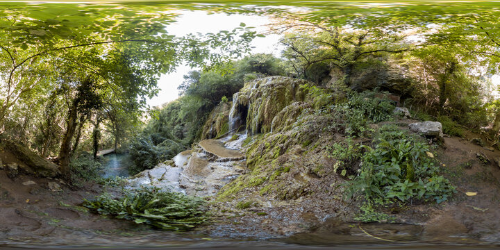 360 image of Krushunski waterfalls with turqoize waters and beautiful ecosystem