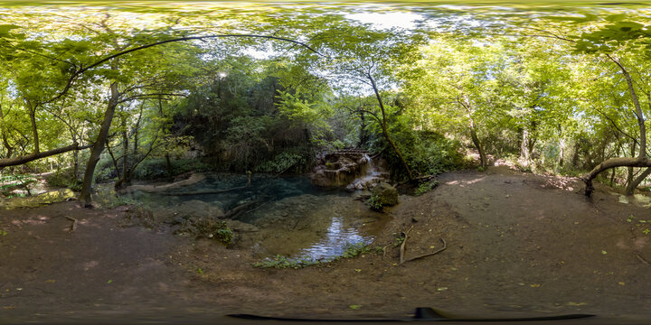 360 image of Krushunski waterfalls with turqoize waters and beautiful ecosystem