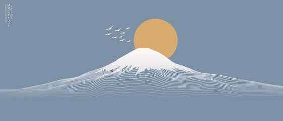 Vector abstract art Mount Fuji Japan landmark, landscape mountain with birds and sunrise sunset by white line art texture isolated on pastel earth tone blue colors background. Minimal style. - obrazy, fototapety, plakaty