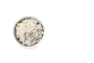 Fresh cottage cheese isolated on white background. Top view. Copy space