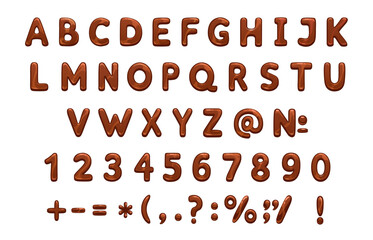 Chocolate font, type. Sweety typeface of vector alphabet letters and numbers, sweet choco candy or liquid brown caramel abc. Dessert food font, glossy uppercase letters of melted dark cocoa chocolate