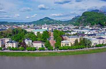 Skyline of Salzburg on the riverside of the River Danube with 'Christuskirche' Lutherean Church,...