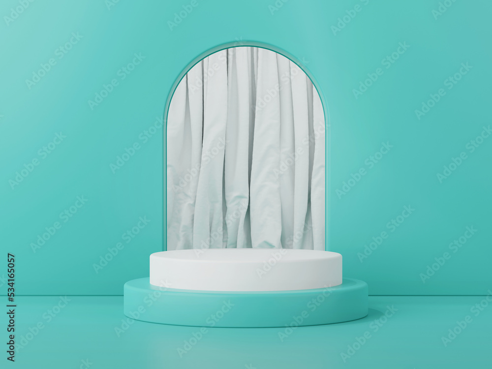 Poster 3d render of geometry showcase podium and white curtain for product presentation.