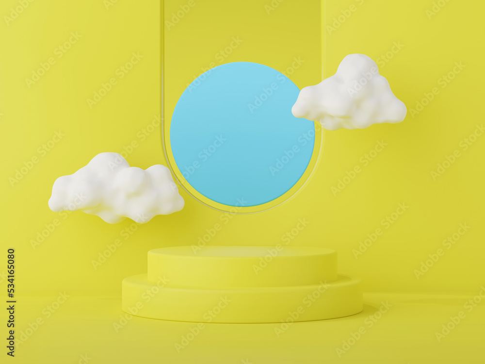 Poster 3d render of yellow geometry showcase podium and clouds for product presentation.