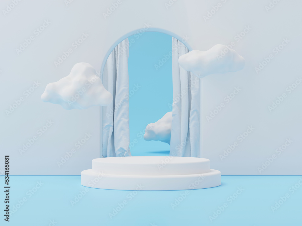 Poster 3d render of geometry showcase podium and floating cloud with white curtain for product presentation