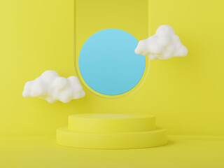 3d render of yellow geometry showcase podium and clouds for product presentation.
