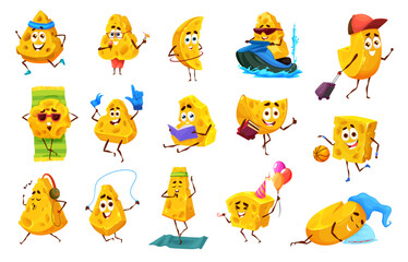 Cartoon cheese characters on sport, relax and leisure, education and fitness, vector personages. Funny cheese lumps or pieces with holes on sport, yoga and playing ball, summer vacation and travel