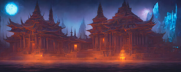 Artistic concept painting of a beautiful fantasy temple, background 3d illustration.