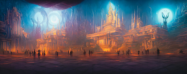 Artistic concept painting of a beautiful fantasy temple, background 3d illustration.