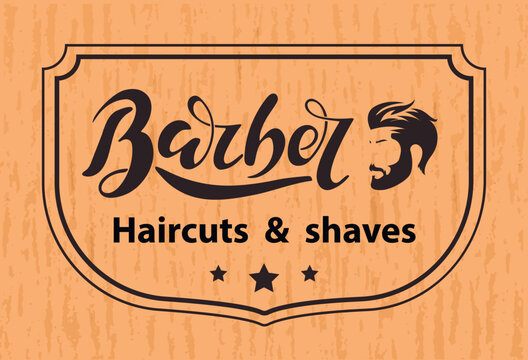 Barber logo. Haircuts & shaves with man's head on the old vintage background Digital illustration with vector hand lettering. Logo for barber shop studio salon business. ads flyer banner poster card.