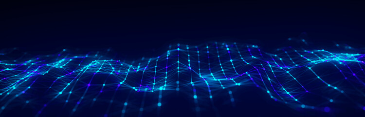 Futuristic technology wave. Digital cyberspace. Abstract wave with moving particles on background. Big data analytics. 3d rendering.