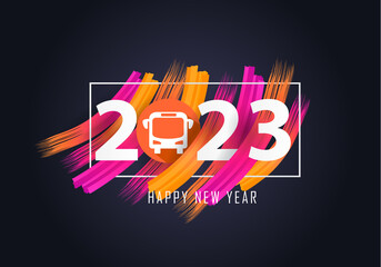 Happy new year 2023. Year 2023 with Bus icon
