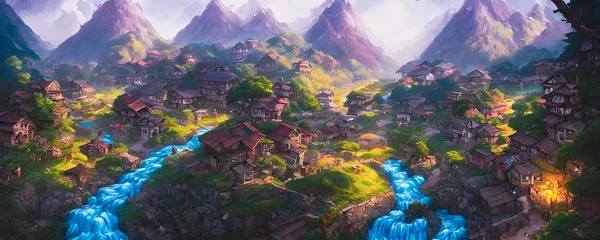  Artistic concept painting of a beautiful villagr houses, background 3d illustration. © 4K_Heaven
