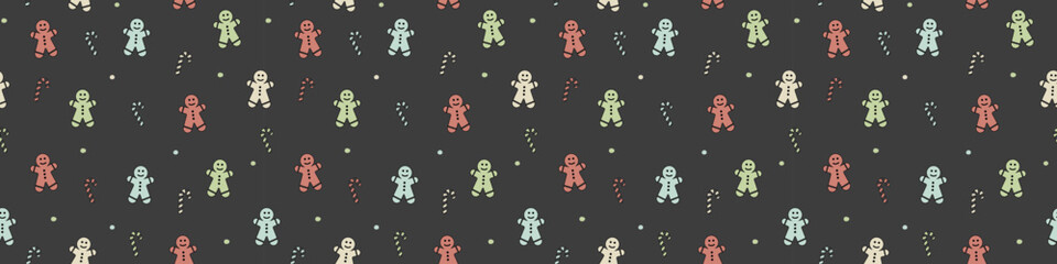 Christmas wrapping paper with gingerbread cookies and candies. Seamless pattern. Banner. Vector