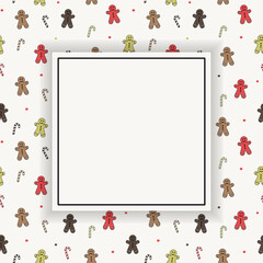 Christmas card with happy gingerbread cookies and candies and copyspace. Vector