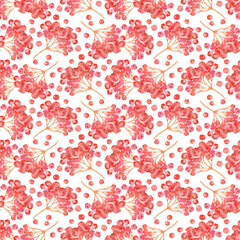 Red rowan berries. Watercolor seamless pattern. Hand-drawn vintage artistic illustration on black background.