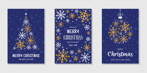 Collection of Christmas greeting cards with golden snowflakes. Vector illustration