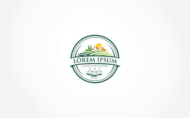 Modern and elegant Village logo design concept, vector Farm Food logos, Template with farm landscape. Label for natural farm products