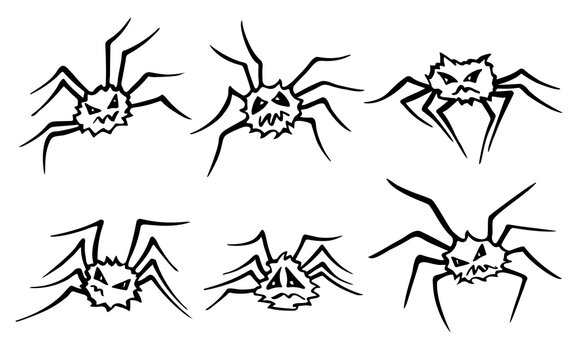 A set of spider doodles, vector image with a black line.