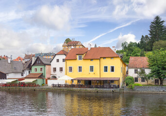 Beautiful old buildings on the embankment of the Vltava river. Cesky Krumlov, Czech Republic