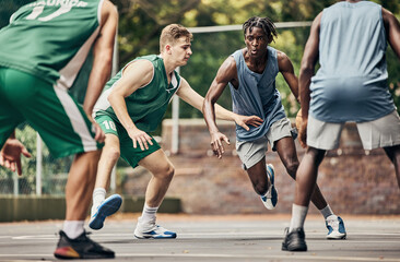 Energy, fitness and basketball at basketball court with team playing in competitive sports game. Exercise, training and sport challenge by group of players running, competing intense cardio workout
