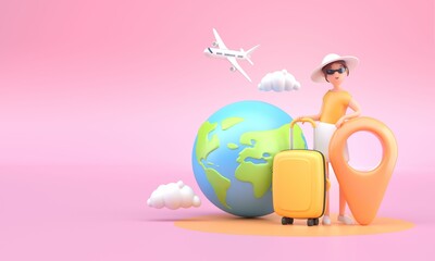 Fototapeta Woman Traveling with 3D Luggage. 3D Illustration obraz