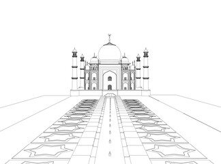 Outline of the Taj Mahal temple from black lines isolated on a white background. Front view. Vector illustration.