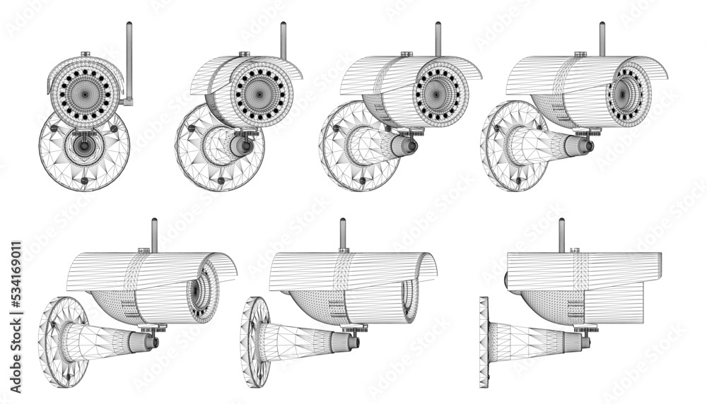 Poster set with cctv camera wireframe in different positions from black lines isolated on white background.