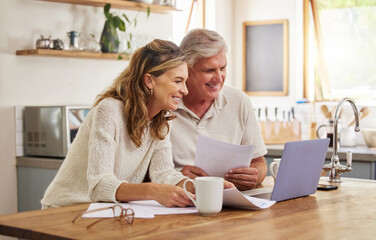 Retirement, investment and couple on laptop and paperwork for online, digital banking application...
