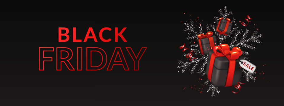 Black Friday concept. Sale banner with snowflakes, gift boxes, ribbons and confetti.