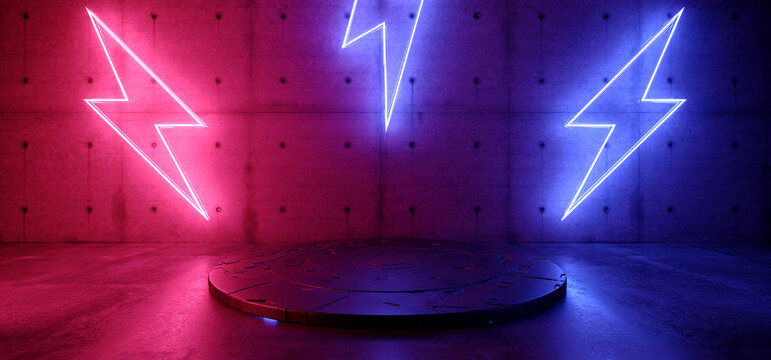 Neon Club Stage Cyber Glow Thunderbolt Shaped Lights Purple Blue Color On Concrete Cement Grunge Room Sci Fi Podium Showcase 3D Rendering