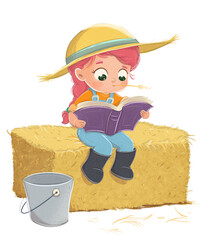 Farm girl reading sitting on a block of hay - 534170407