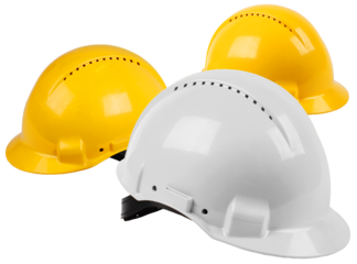 Three hard hat work team, protective safety helmets isolated