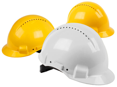 Three Hard Hat Work Team, Protective Safety Helmets Isolated